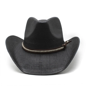 Classic black straw cowboy hat with brown leather band and wide brim for sun protection