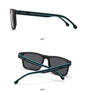 Detailed side and back views of matte black square sunglasses with teal temple stripes