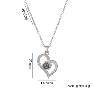 Silver heart necklace with 100 languages projection stone and crystal accents, 45cm chain