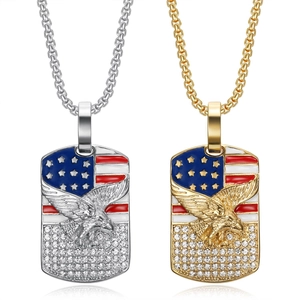 Hip Hop Stainless Steel American Flag Eagle Pendant Necklace For Men Pave Rhinestone Enamel Dog Tag Jewelry Gift