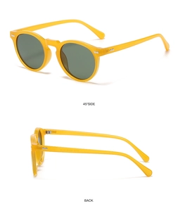 Detailansicht der gelben runden Retro-Sonnenbrille aus 45-Grad-Seiten- und Rückansicht