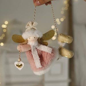 Ange de Noël en peluche rose avec ailes dorées et breloque cœur pour la décoration