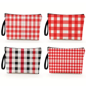 Checkered Cosmetic Bag Canvas Linen Makeup Pouch Portable Travel Toiletry Organizer With Zipper Wristlet Fashion Women