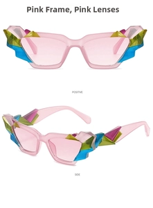 Detailed front and side views of pink translucent cat eye sunglasses with crystal decor