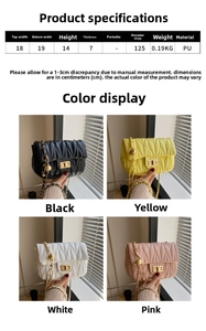 Detailed size chart for quilted saddle bag with chain strap and dimensions listed