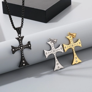 Three-color hip-hop cross pendants in gold, silver and black with sparkling rhinestones