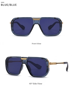 Front- und 45-Grad-Seitenansicht der blauen Flieger-Sonnenbrille mit goldenen Metallstreifen