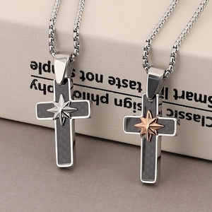 Minimalist titanium steel cross necklaces with carbon fiber inlay and star detail