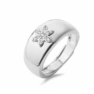 Close-up of adjustable silver ring featuring a micro-pave zircon six-petal flower design