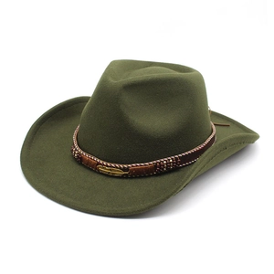 Olive green wool felt western cowboy hat with brown braided band and golden feather pendant