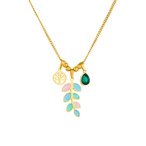 Collier Arbre de Vie doré avec pendentifs feuilles colorées et goutte d'émeraude