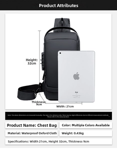 Size chart showing high 32cm and wide 21cm waterproof oxford chest bag with passcode lock