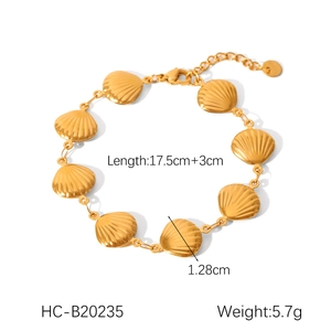 Detailed view of 18K gold stainless steel shell bracelet with precise length and weight specs