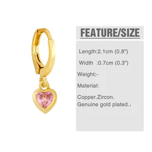 Size chart showing 2.1cm length of gold heart earrings with pink zircon stone details