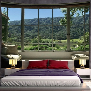 Detailed view of forest scenery wall tapestry hanging as a bedroom headboard background