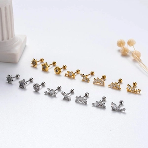 Star and butterfly zircon piercing stud earrings in gold and silver stainless steel