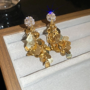 Detailed macro shot of golden teardrop sequin tassel earrings with zircon crystal