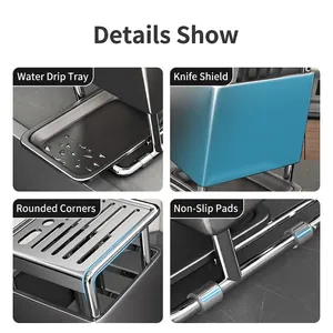 Multifunctional stainless steel kitchen knife holder with drainage tray and blue accents