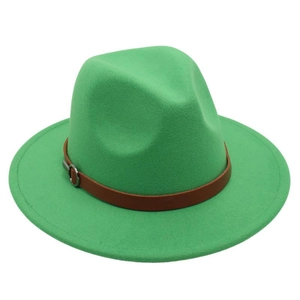 Detail of green wool fedora hat featuring a brown leather band and silver metal buckle