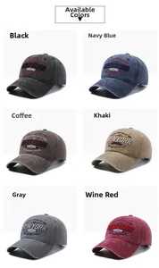 Collage of six washed cotton baseball caps with vintage 3D embroidery and distressed texture