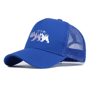 Dark blue forest bear embroidery trucker hat with mesh back and curved brim for outdoor