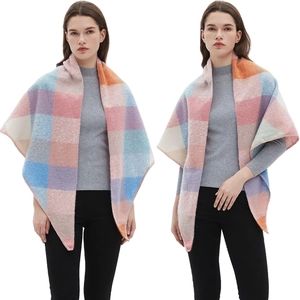 Detail showing the colorful plaid pattern and soft texture of this winter triangle scarf