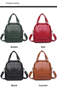 Vista detallada de mochilas de cuero suave en colores verde, rojo, negro y caramelo
