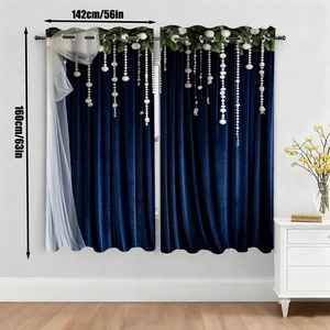 Detailed view of blue velvet Christmas curtain with pine pattern and white sheer layer