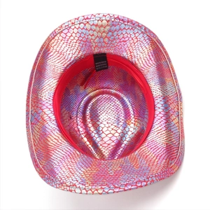 Detailed macro view of pink snake scale texture and inner red sweatband of cowboy hat