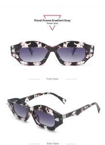 Detail view of flower pattern geometric sunglasses with gradient grey lenses and metal hinges