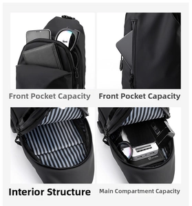 Macro detail of waterproof men's sling bag showing front pockets and striped inner lining