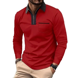 Detail of red slim fit long sleeve polo shirt with black contrast collar and zipper