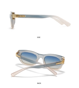 Detailed side and back views of square aviator sunglasses with gray-blue gradient frames