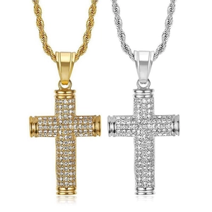 Hip Hop Cross Pendant Necklace Titanium Steel Rhinestone Inlaid Vacuum Gold Plating Rope Chain For Men Women