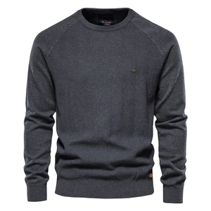 Men's dark grey crew neck knit sweater featuring a premium herringbone pattern texture