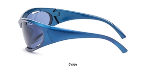 0° side view of blue Y2K sporty sunglasses showing streamlined metallic frame design