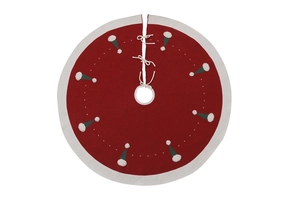 Vue de dessus d'une jupe de sapin de Noël tricotée rouge avec bordure blanche et motifs