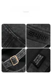 Detailed shot of 100% cotton washed baseball cap with SPIRIT embroidery and metal buckle