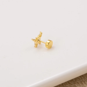Golden butterfly stud earring with clear zircon and flat back screw post on white background