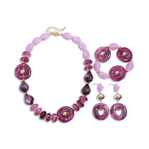 Vintage purple acrylic bead jewelry set with gold accents, necklace bracelet and earrings