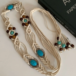 Bohemian woven waist chain with turquoise accents, wooden beads and fringe tassels