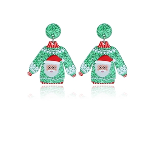 Close-up of festive green glitter acrylic earring featuring a cute Santa Claus sweater design