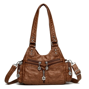 Bolso bandolera vintage de cuero sintético marrón acolchado con múltiples cremalleras