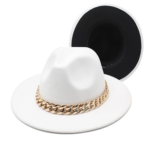 Detailed view of bicolor fedora hat featuring a bold gold acrylic chain decoration