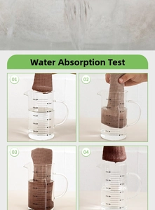 Water absorption test of a brown cotton waffle dish towel using a 500ml glass beaker