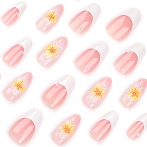 French tip press-on nails with 3D yellow sunflowers and pearls on pink base