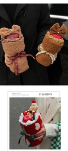 Plush Christmas hat apple gift wrap with festive teddy bear and red polka dot fabric