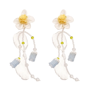 Lace flower earrings with glass seed beads and long fringe tassels for women