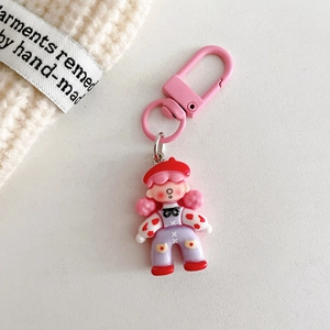 Detailed view of pink resin puppet girl keychain with high-gloss finish and metal clasp