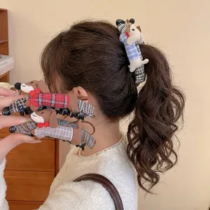 Cute Dachshund Dog Hair Claw Clip Large Plush Fabric Plaid Pattern Bow Tie Animal Shape Hair Grip For Women